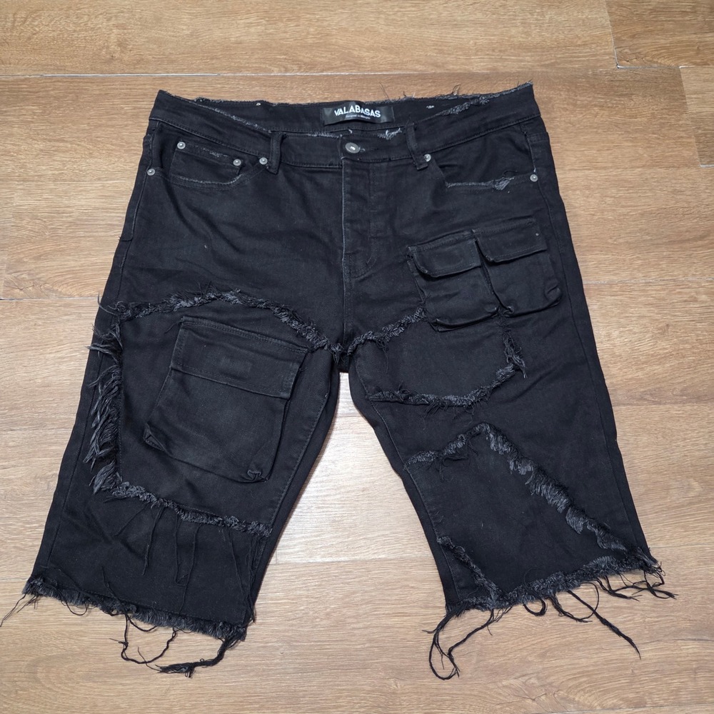 Valabasas Mens Black Distressed Cargo Denim Shorts Grunge Raw Edge Size 36